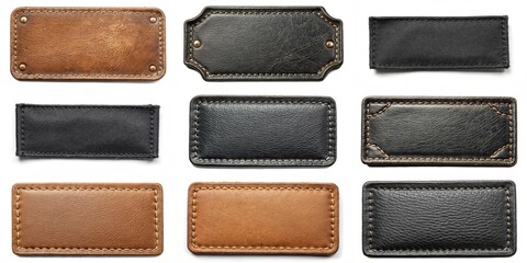 A collection of leather tags with different colors and designs. The tags are all black and brown, and they are arranged in a row. The tags have a vintage and classic look