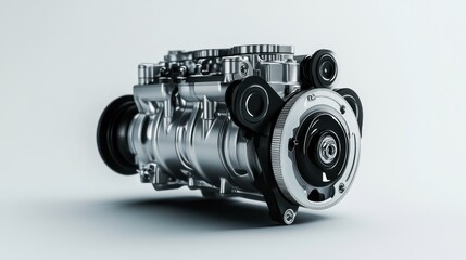 Poster - Close-up of a silver automotive engine component, showcasing intricate mechanical details and polished surfaces against a neutral background.