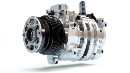 Poster - Close-up of a silver automotive air conditioning compressor, isolated on white background.