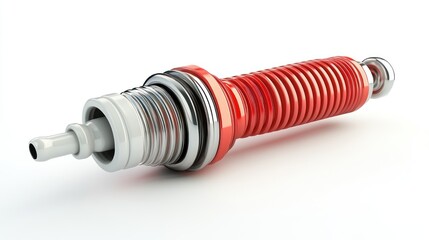 Poster - Close-up of a single red and silver spark plug isolated on white background.