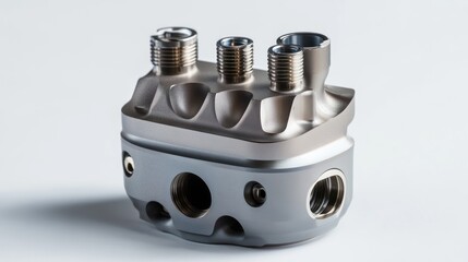 Fototapete - Close-up of a sophisticated, grey metallic industrial component with multiple threaded ports and intricate detailing against a clean white background.