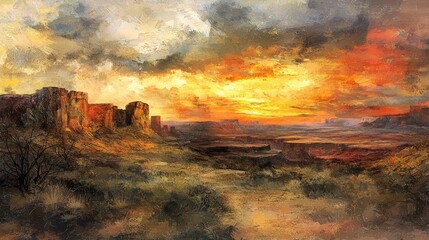 Wall Mural - Majestic Sunset Over Rugged Terrain with Vibrant Colors and Dramatic Cloud Patterns in a Desert Landscape