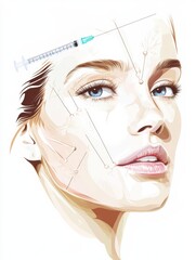 Poster - Detailed medical illustration showcasing Botox injection points on a female face with clear anatomical markings and syringe placement. Generative AI