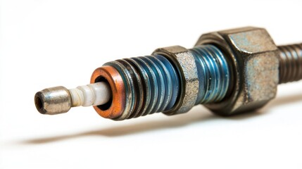 Aufkleber - Close-up of a used spark plug with visible wear and tear, showcasing its metallic components and ceramic insulator.