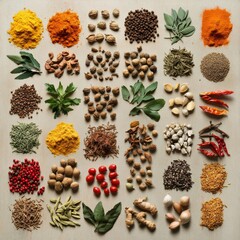 Poster - Diverse array of spices and herbs arranged in colorful grids on beige surface