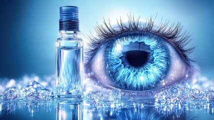 Poster - Close-up of a vibrant blue eye next to a small, clear bottle, both surrounded by icy crystals.