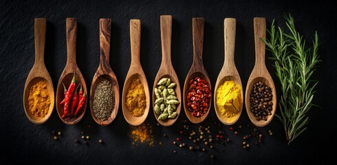 Wall Mural - Assorted spices in wooden spoons on dark background with rosemary