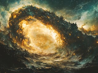 Wall Mural - Abstract Nebula Cloud with Stars and Fiery Center Glowing Brightly