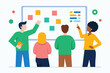 © Srabonti - Diverse Team Brainstorming on Whiteboard with Sticky Notes and Graphs – Vector Illustration