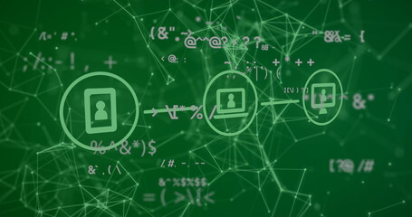 Wall Mural - image of data processing and network of connections with icons on green background