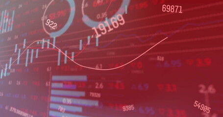 Wall Mural - image of numeric data processing over graphs charts on dark background