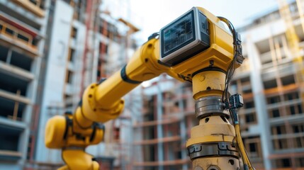 Poster - Close-up of a yellow robotic arm on a construction site.