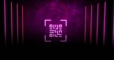 Wall Mural - image of qr code and glowing neon light trails