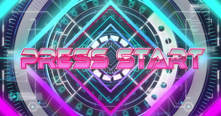 Wall Mural - image of press start text over neon pattern background
