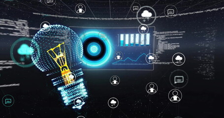 Wall Mural - image of light bulb and digital data processing over dark background