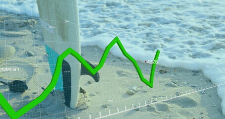 Wall Mural - Image of financial data processing over surfeboard on beach