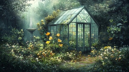 Wall Mural - Lush Greenhouse Surrounded by Vibrant Flowers and Serenity in a Magical Garden Setting