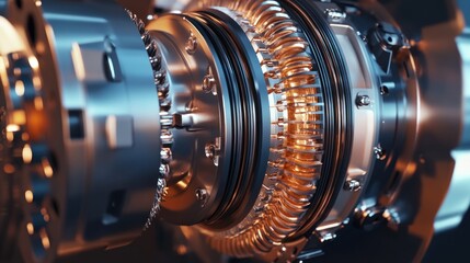 Aufkleber - Close-up of complex metallic engine mechanism, showcasing intricate gears, turbines, and components.