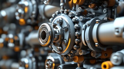 Aufkleber - Close-up of complex metallic industrial machinery with polished components, nuts, bolts, and pipes.