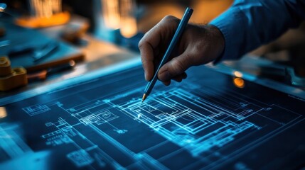 Leinwandbilder - Close-up of hand drawing blueprint on large format digital tablet.