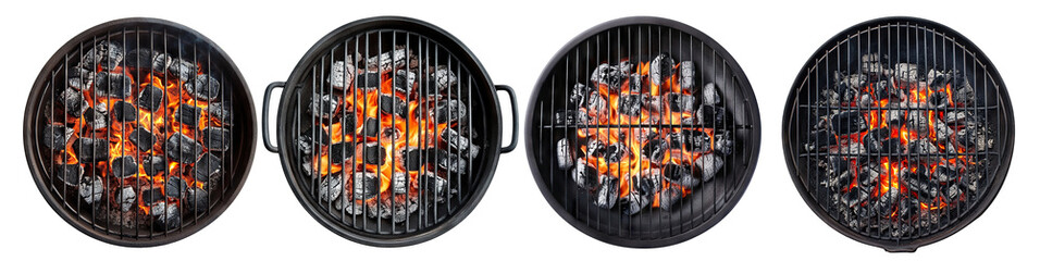 Canvas Print - Set of empty round grills with burning coals and flames, isolated on transparent cutout background