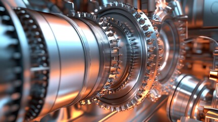 Poster - Close-up of intricate metallic gears and shafts in complex machinery.