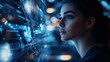 © Elshad Karimov - A young woman gazes intently at virtual, geometric graphics projected before her against a backdrop of advanced technology and sleek, futuristic architecture.