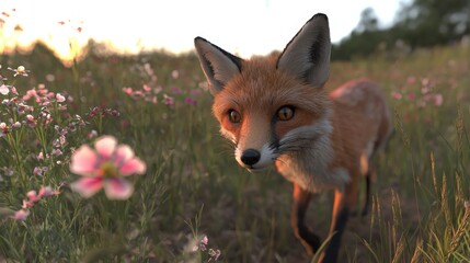 Realistic fox walking through vibrant wildflower field in golden hour light showcasing natural beauty and wildlife habitat