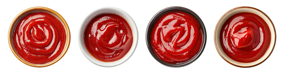 Wall Mural - Set of red ketchup bowls, top view, isolated on transparent cutout background