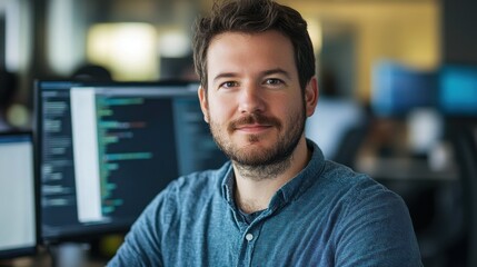 A young European male software developer is smiling confidently in a modern office space. He is portrayed in a casual yet professional manner, showcasing a friendly demeanor.