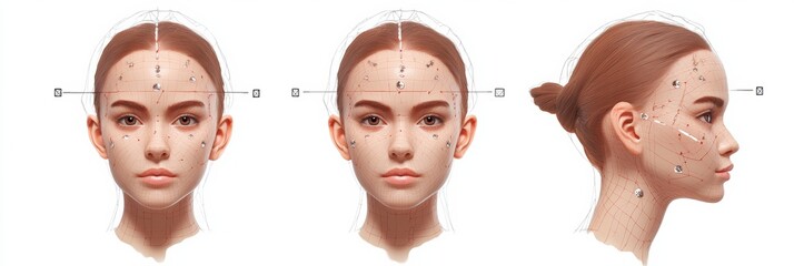 Poster - Detailed medical illustration showing Botox injection points on a female face highlighting anatomy and precision. Generative AI