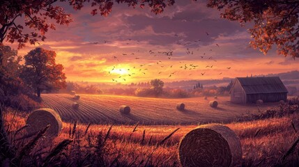 Wall Mural - Beautiful Sunset Over Rustic Farm Landscape with Hay Bales in Golden Field Amidst Vibrant Autumn Colors and Warm Sky