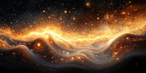 Wall Mural - Abstract Galaxy Landscape with Golden Light and Dark Nebula