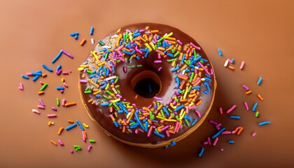 Filled Chocolate Donut with Rainbow Sprinkles on Brown Background Isolated