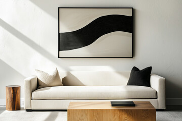 Poster - minimalist living room with neutral sofa, wooden coffee table, and abstract art