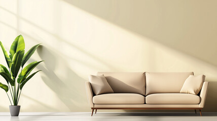 Poster - Modern living room with neutral sofa, sleek decor, and natural light