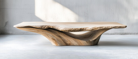 Poster - Sculptural wooden table with minimalist design in bright room
