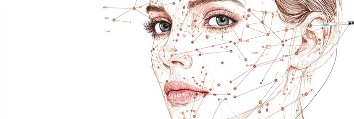 Poster - Detailed medical illustration of female face with marked Botox injection points showcasing anatomy and precision in treatment. Generative AI