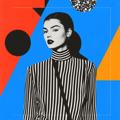 Poster - Elegant female model in bold striped fashion against vibrant geometric background