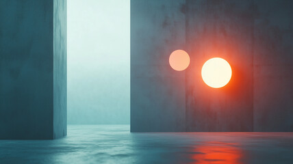 Poster - Futuristic abstract scene with glowing elements on concrete walls