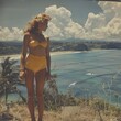 © jordirenart - Mujer de los años 80 en bikini amarillo con el pelo rubio mirando a la playa. Imagen retro.