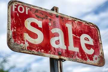 A weathered For Sale sign conveys a sense of urgency and opportunity, ideal for real estate marketing, business sales, or advertisements, It can evoke feelings of potential and change,