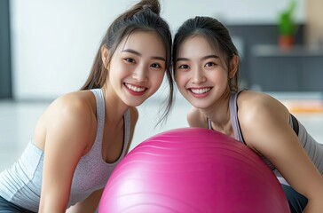 Wall Mural - Two Asian women smiling and working out with a fitness ball in the living room, close-up of their faces and upper bodies