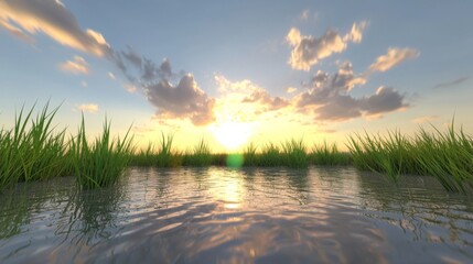 Wall Mural - Serene Sunset Over Calm Water Reflected in Lush Green Grass with Dramatic Cloudy Sky