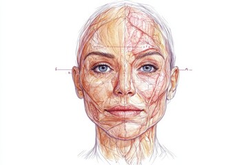 Poster - Detailed medical illustration showing precise Botox injection points on a female face with highlighted anatomy structures. Generative AI