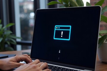 Computer user typing on a laptop with an error message on screen