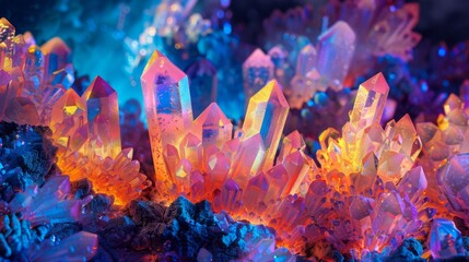 Aufkleber - A variety of bright and colorful crystal formations glow under vibrant light, showcasing intricate shapes and textures, creating a mesmerizing visual spectacle in a dark setting.