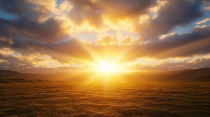 Wall Mural - Breathtaking Sunrise Over Open Field with Dramatic Clouds and Rays of Light Illuminating the Landscape