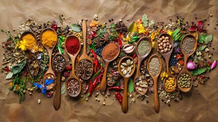 Wall Mural - Assorted spices and herbs in wooden spoons on rustic background