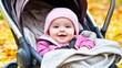 © Visual AI Engine - Baby in stroller in autumn leaves, happy, outdoors, possible use for childcare or parenting ad